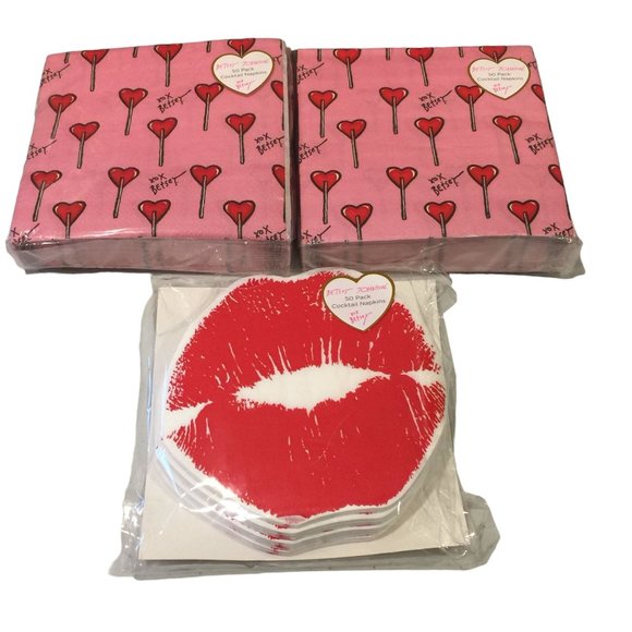 Betsey Johnson Cocktail Napkins Set of 3 Red Lips Heart Lollipops 50 per Package - Picture 1 of 4